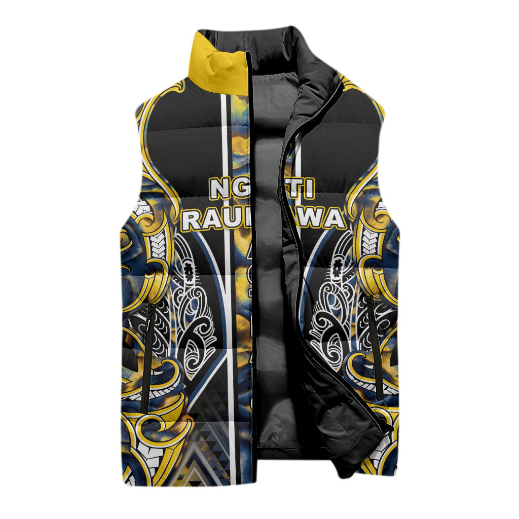 Aotearoa Ngati Raukawa Sleeveless Puffer Jacket Maori Tribal Yellow And Navy Paua Shell Pattern DT05 - Polynesian Pride