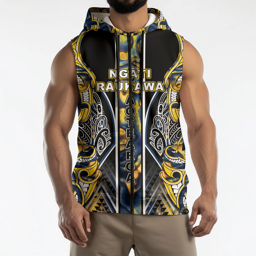 Aotearoa Ngati Raukawa Sleeveless Zip Hoodie Maori Tribal Yellow And Navy Paua Shell Pattern DT05 - Polynesian Pride