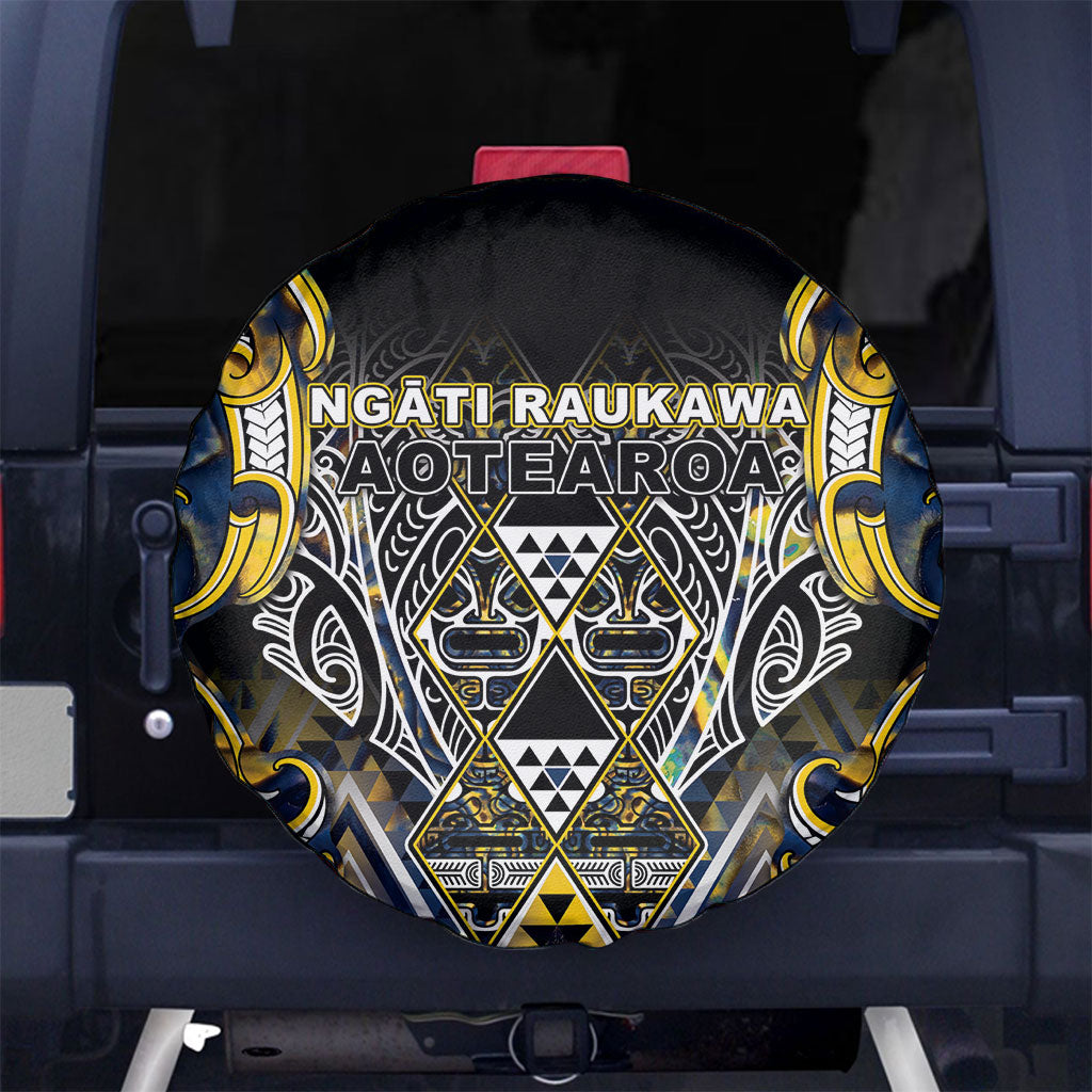 Aotearoa Ngati Raukawa Spare Tire Cover Maori Tribal Yellow And Navy Paua Shell Pattern