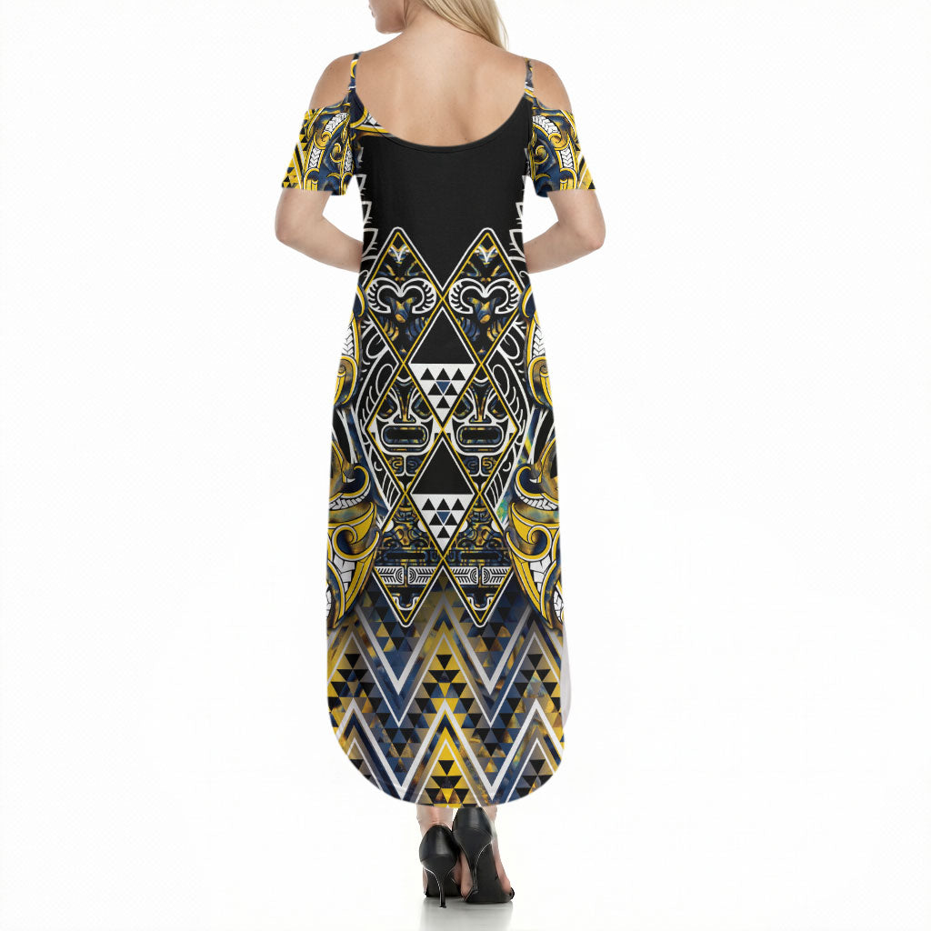 Aotearoa Ngati Raukawa Summer Maxi Dress Maori Tribal Yellow And Navy Paua Shell Pattern DT05 - Polynesian Pride