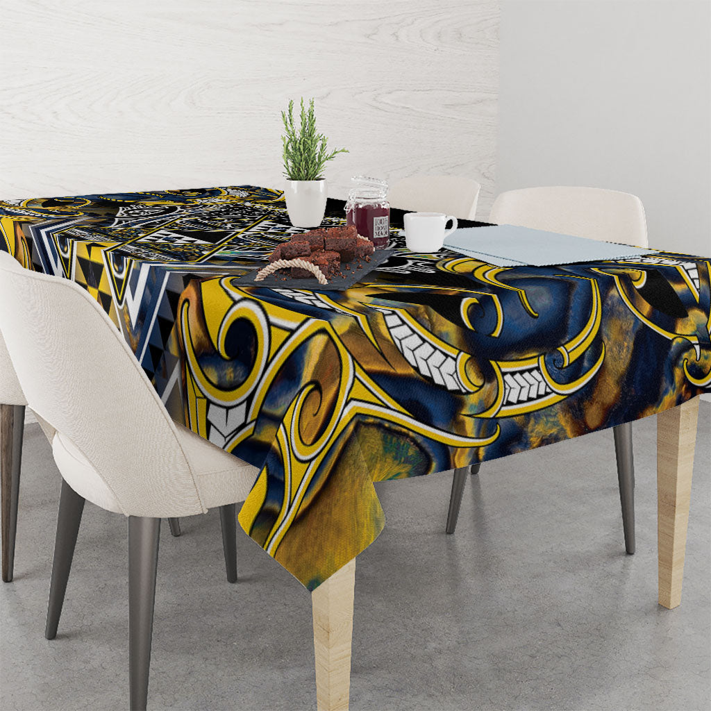 Aotearoa Ngati Raukawa Tablecloth Maori Tribal Yellow And Navy Paua Shell Pattern DT05 - Polynesian Pride