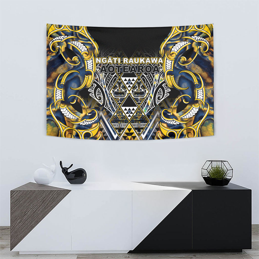 Aotearoa Ngati Raukawa Tapestry Maori Tribal Yellow And Navy Paua Shell Pattern DT05 - Polynesian Pride