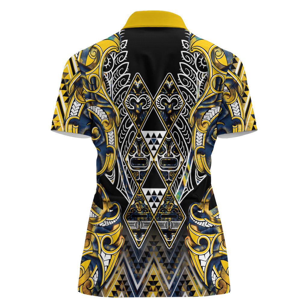Aotearoa Ngati Raukawa Women Polo Shirt Maori Tribal Yellow And Navy Paua Shell Pattern DT05 - Polynesian Pride