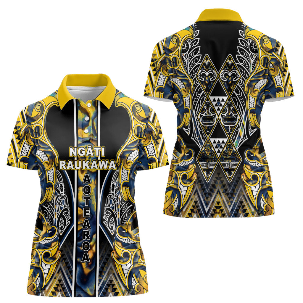 Aotearoa Ngati Raukawa Women Polo Shirt Maori Tribal Yellow And Navy Paua Shell Pattern DT05 - Polynesian Pride