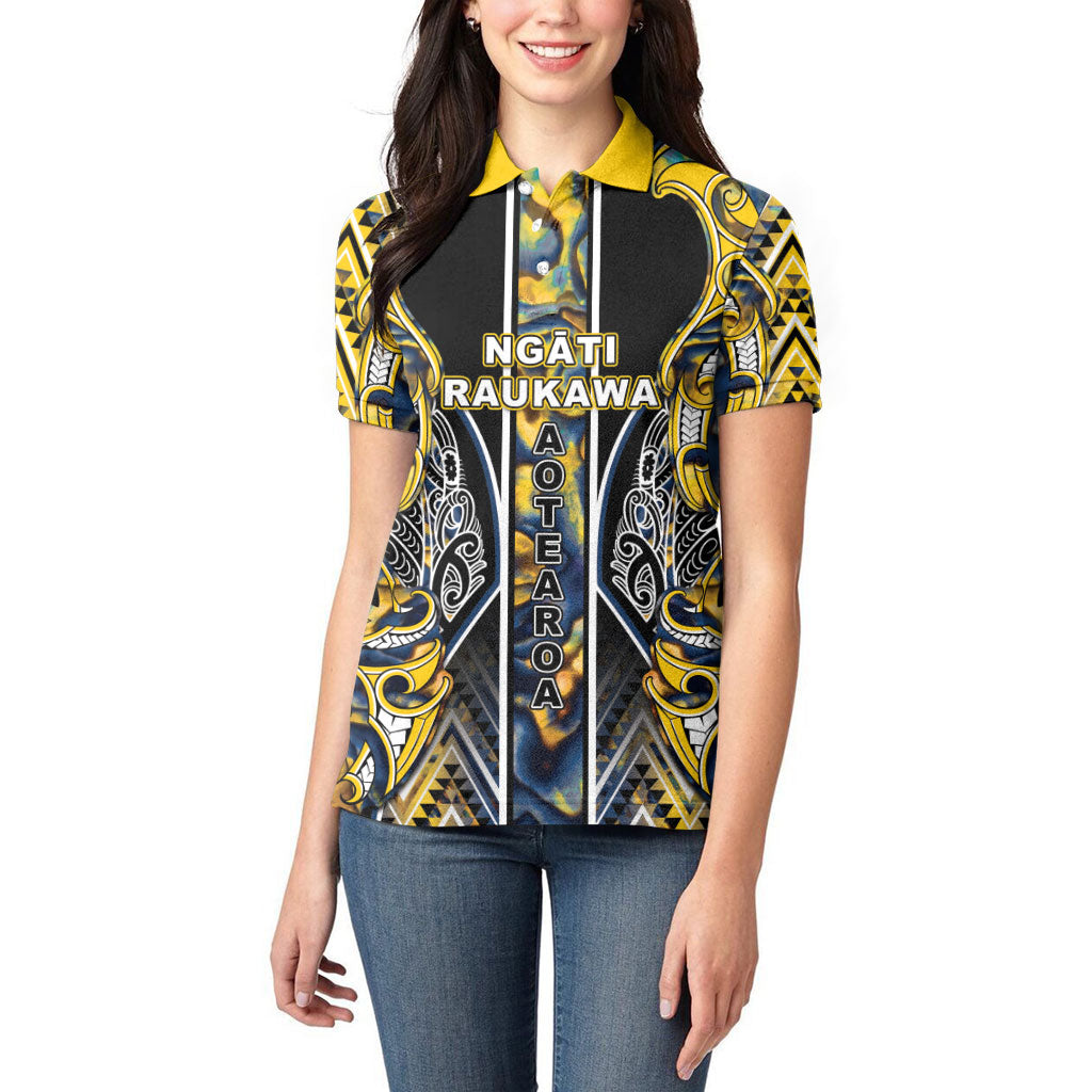Aotearoa Ngati Raukawa Women Polo Shirt Maori Tribal Yellow And Navy Paua Shell Pattern DT05 - Polynesian Pride