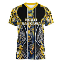 Aotearoa Ngati Raukawa Women V-Neck T-Shirt Maori Tribal Yellow And Navy Paua Shell Pattern DT05 Female Yellow - Polynesian Pride