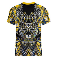 Aotearoa Ngati Raukawa Women V-Neck T-Shirt Maori Tribal Yellow And Navy Paua Shell Pattern DT05 - Polynesian Pride