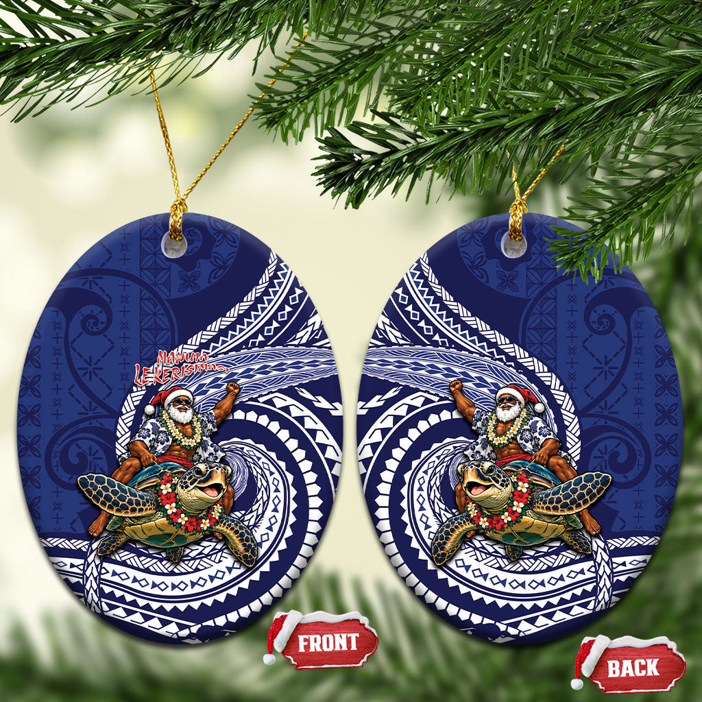Samoa Christmas Ceramic Ornament Santa Riding Sea Turtle DT05 Oval Navy - Polynesian Pride
