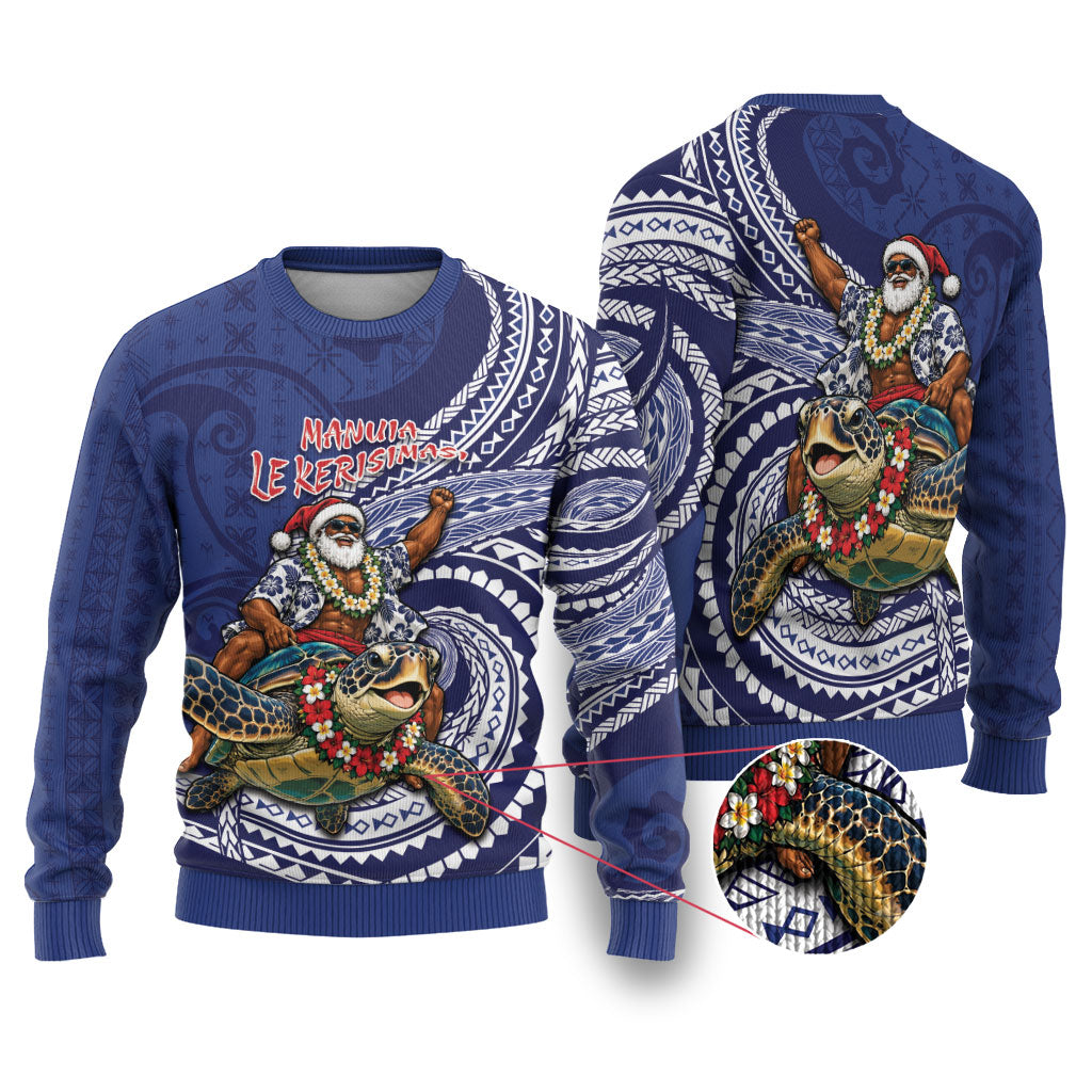 Samoa Christmas Ugly Christmas Sweater Santa Riding Sea Turtle DT05 Navy - Polynesian Pride