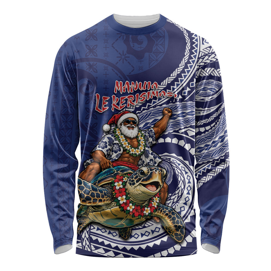 Samoa Christmas Long Sleeve Shirt Santa Riding Sea Turtle DT05 Unisex Navy - Polynesian Pride