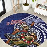 Samoa Christmas Round Carpet Santa Riding Sea Turtle DT05 Navy - Polynesian Pride