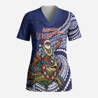 Samoa Christmas Scrub Top Santa Riding Sea Turtle DT05 Adult Navy - Polynesian Pride