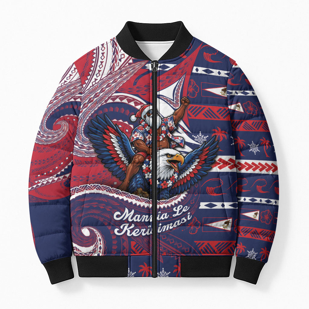 American Samoa Christmas Bomber Puffer Jacket Santa Riding Bald Eagle DT05 Unisex Navy - Polynesian Pride