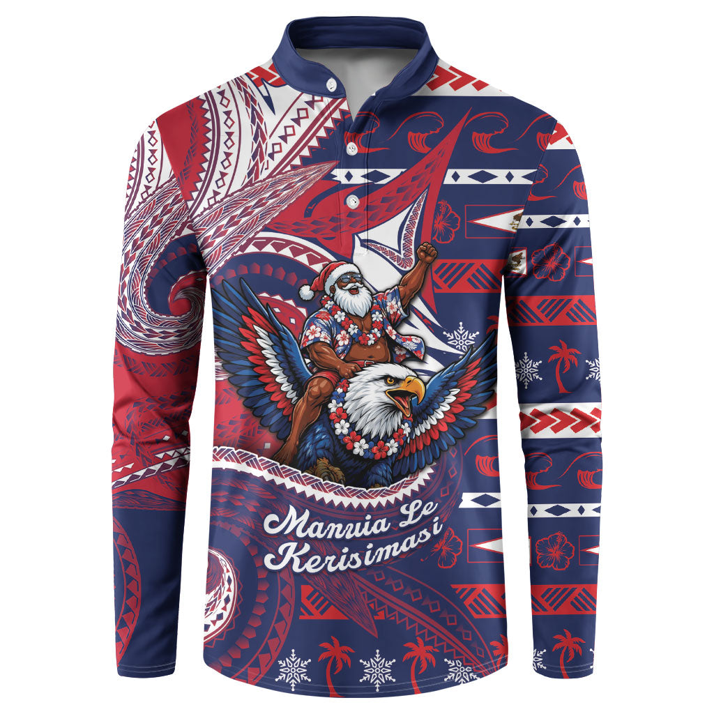 American Samoa Christmas Button Sweatshirt Santa Riding Bald Eagle DT05 Navy - Polynesian Pride