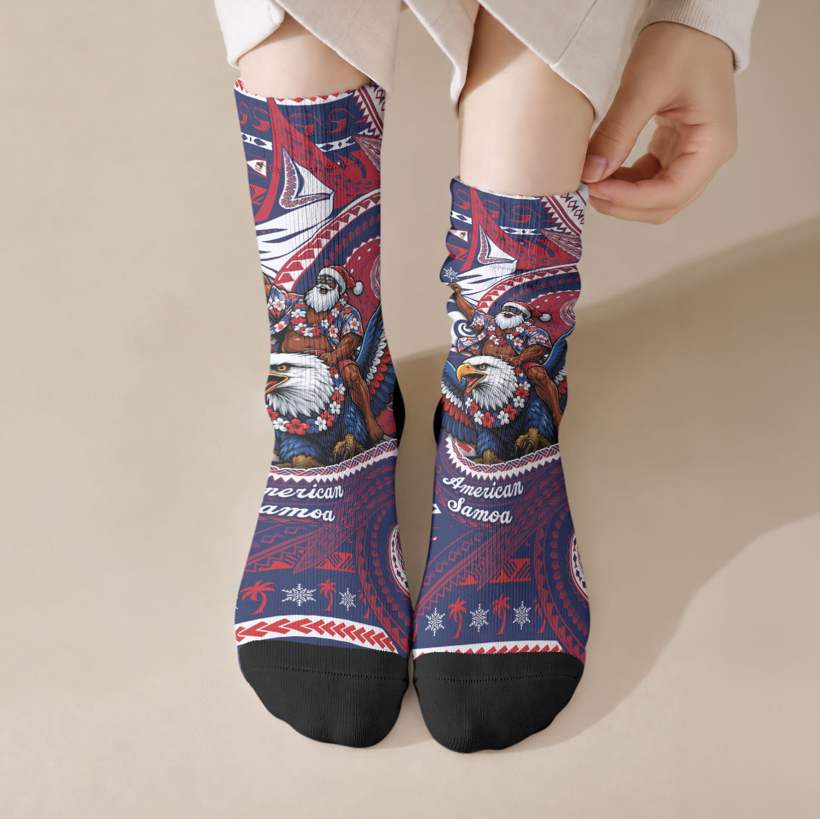 American Samoa Christmas Crew Socks Santa Riding Bald Eagle DT05 Crew Socks Navy - Polynesian Pride