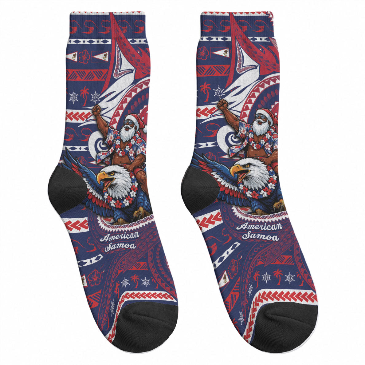 American Samoa Christmas Crew Socks Santa Riding Bald Eagle DT05 - Polynesian Pride