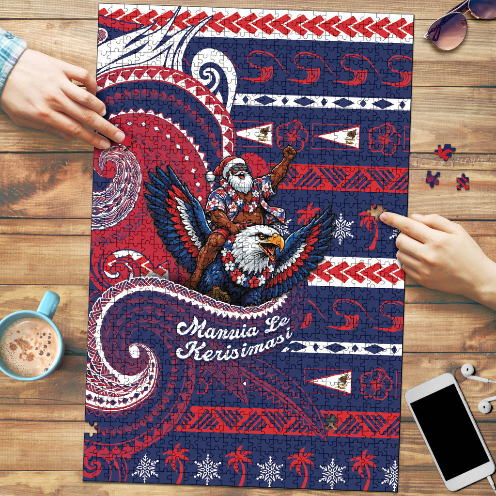 American Samoa Christmas Puzzle Santa Riding Bald Eagle DT05 Navy - Polynesian Pride