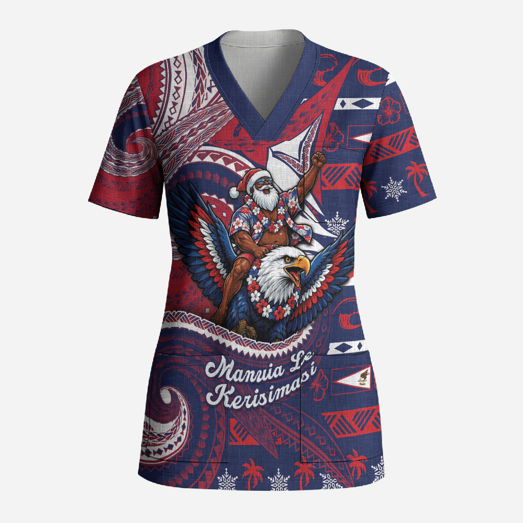 American Samoa Christmas Scrub Top Santa Riding Bald Eagle DT05 Adult Navy - Polynesian Pride