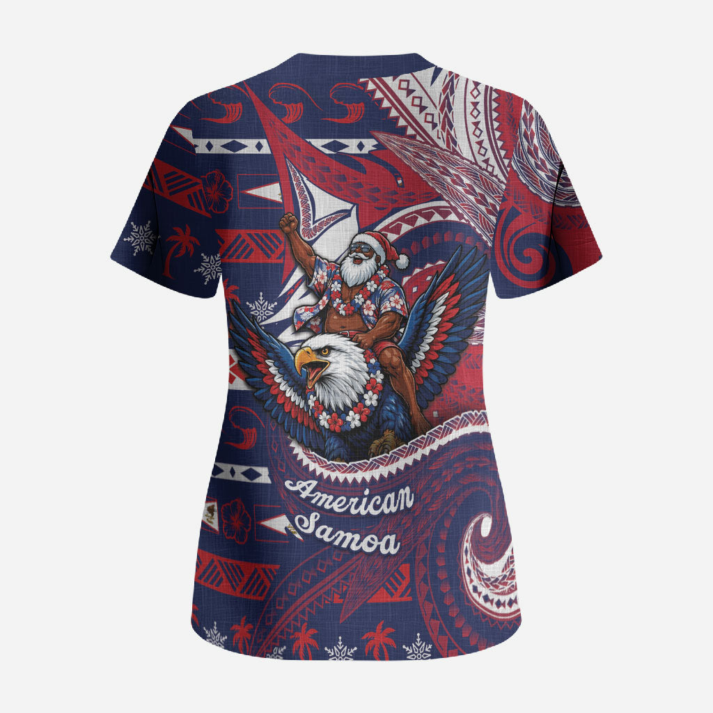 American Samoa Christmas Scrub Top Santa Riding Bald Eagle DT05 - Polynesian Pride