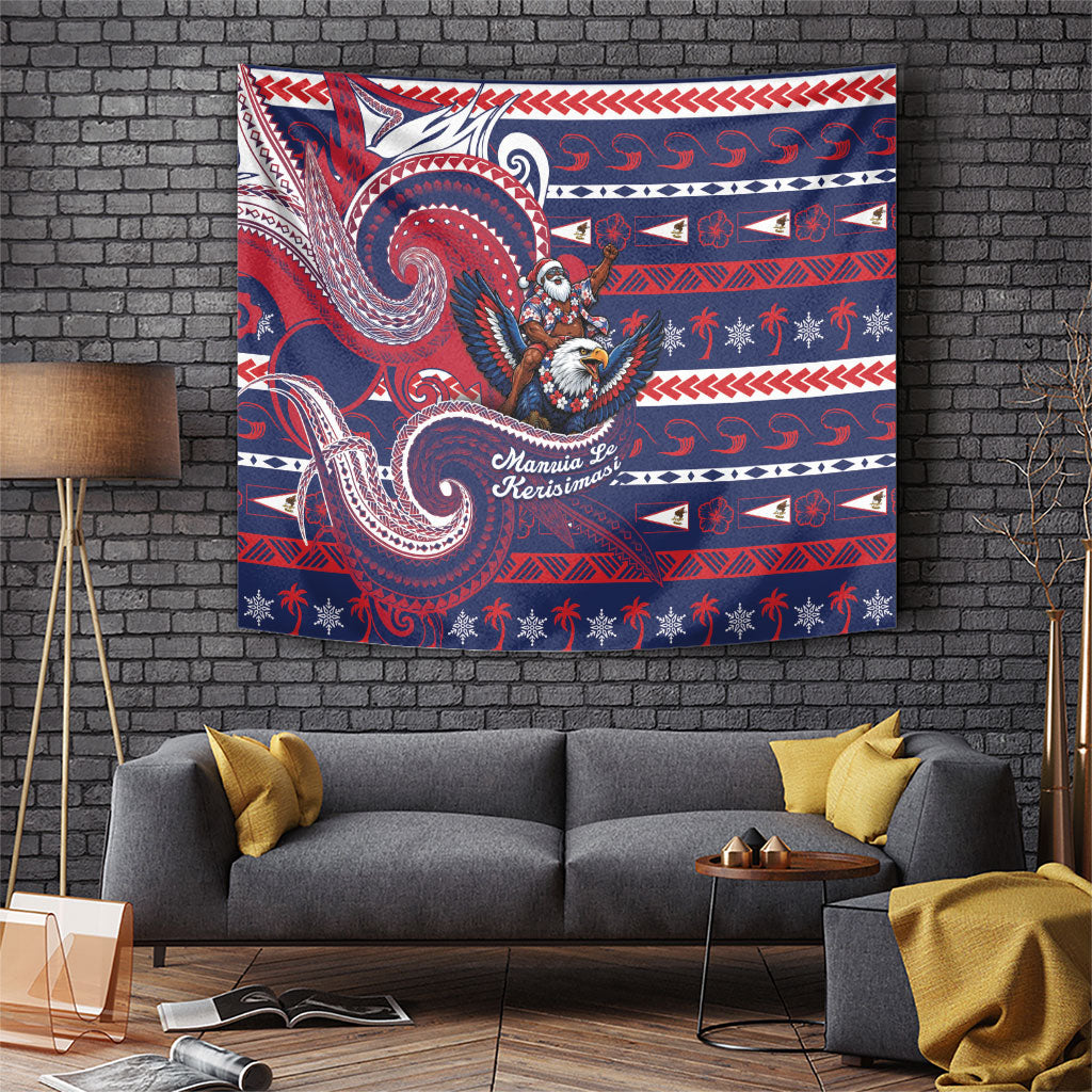 American Samoa Christmas Tapestry Santa Riding Bald Eagle DT05 Navy - Polynesian Pride