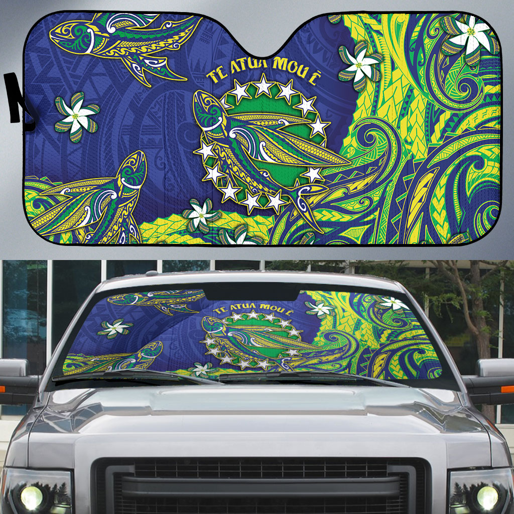 Cook Islands Language Week Auto Sun Shade Flying Fish 15 Stars Tribal Patterns DT05 Green - Polynesian Pride
