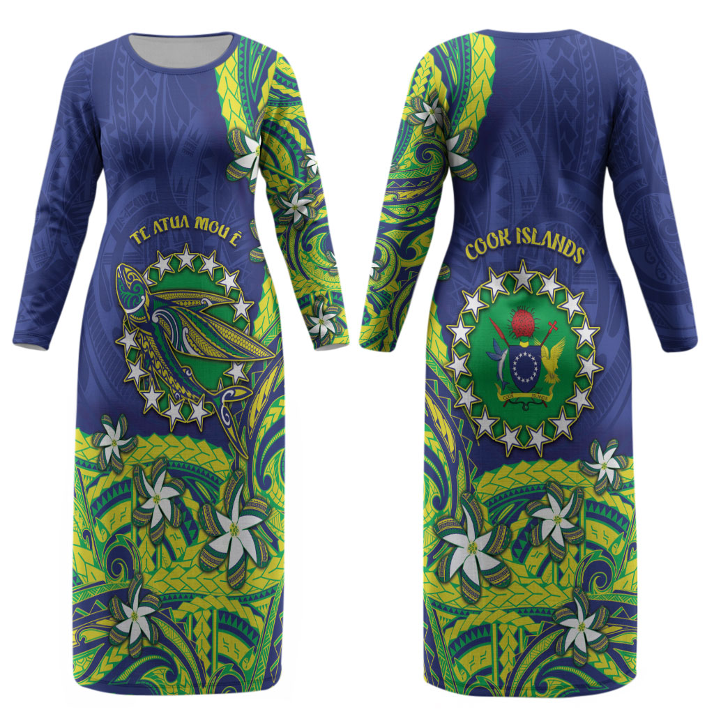 Cook Islands Language Week Couples Matching Long Sleeve Bodycon Dress and Hawaiian Shirt Flying Fish 15 Stars Tribal Patterns