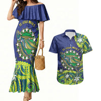 Cook Islands Language Week Couples Matching Mermaid Dress and Hawaiian Shirt Flying Fish 15 Stars Tribal Patterns