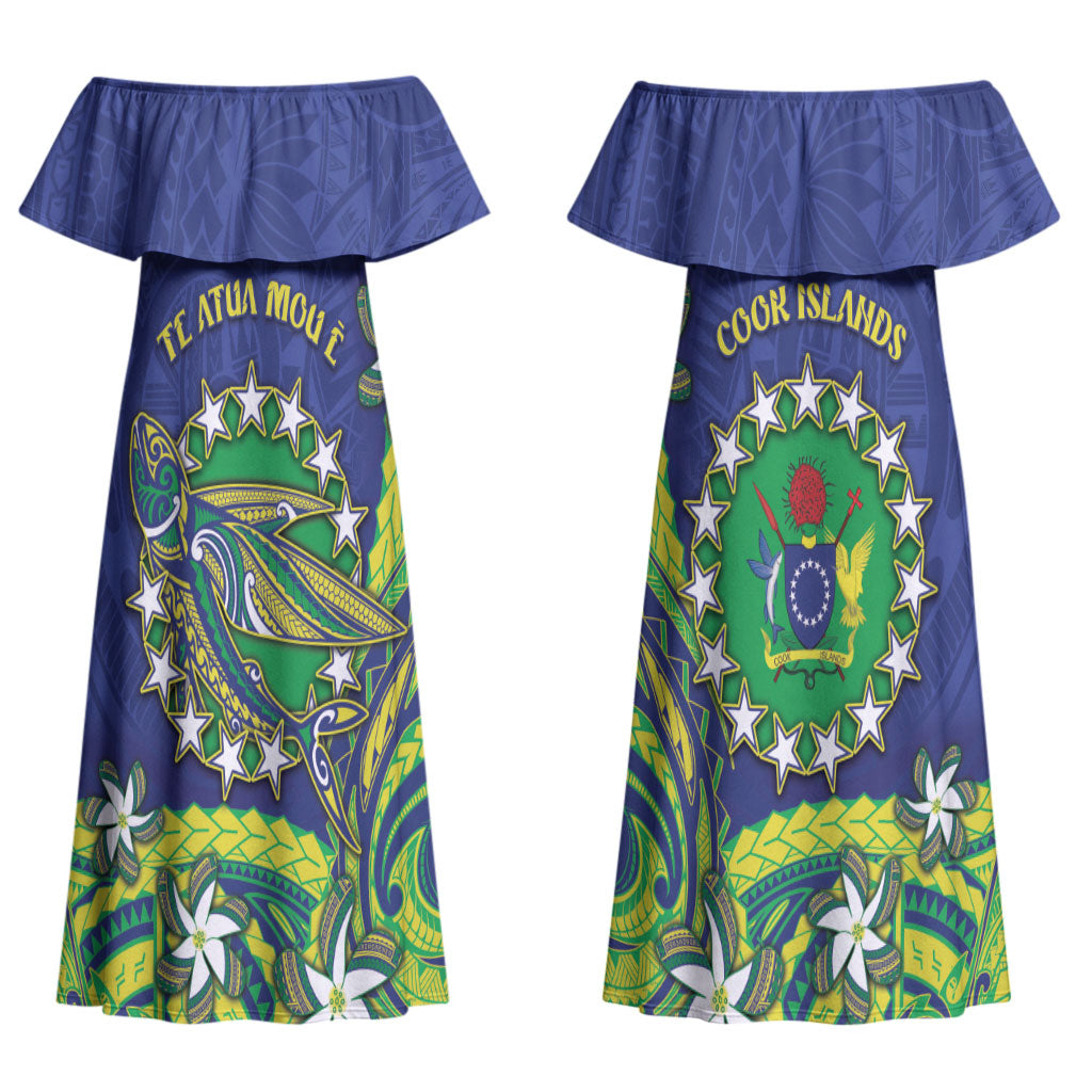 Cook Islands Language Week Couples Matching Off Shoulder Maxi Dress and Hawaiian Shirt Flying Fish 15 Stars Tribal Patterns
