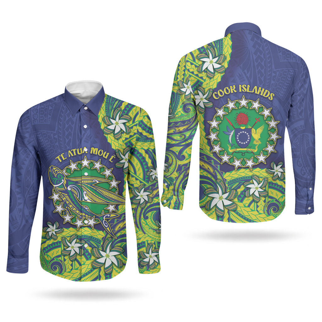 Cook Islands Language Week Couples Matching Off Shoulder Short Dress and Long Sleeve Button Shirt Flying Fish 15 Stars Tribal Patterns