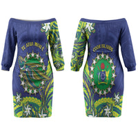 Cook Islands Language Week Couples Matching Off The Shoulder Long Sleeve Dress and Long Sleeve Button Shirt Flying Fish 15 Stars Tribal Patterns