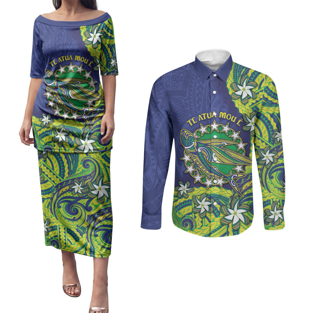 Cook Islands Language Week Couples Matching Puletasi and Long Sleeve Button Shirt Flying Fish 15 Stars Tribal Patterns DT05 Green - Polynesian Pride