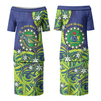 Cook Islands Language Week Couples Matching Puletasi and Long Sleeve Button Shirt Flying Fish 15 Stars Tribal Patterns
