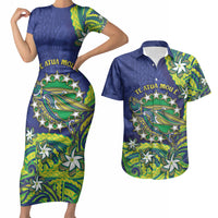 Cook Islands Language Week Couples Matching Short Sleeve Bodycon Dress and Hawaiian Shirt Flying Fish 15 Stars Tribal Patterns