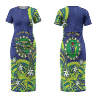 Cook Islands Language Week Couples Matching Short Sleeve Bodycon Dress and Hawaiian Shirt Flying Fish 15 Stars Tribal Patterns