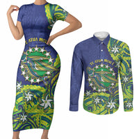 Cook Islands Language Week Couples Matching Short Sleeve Bodycon Dress and Long Sleeve Button Shirt Flying Fish 15 Stars Tribal Patterns
