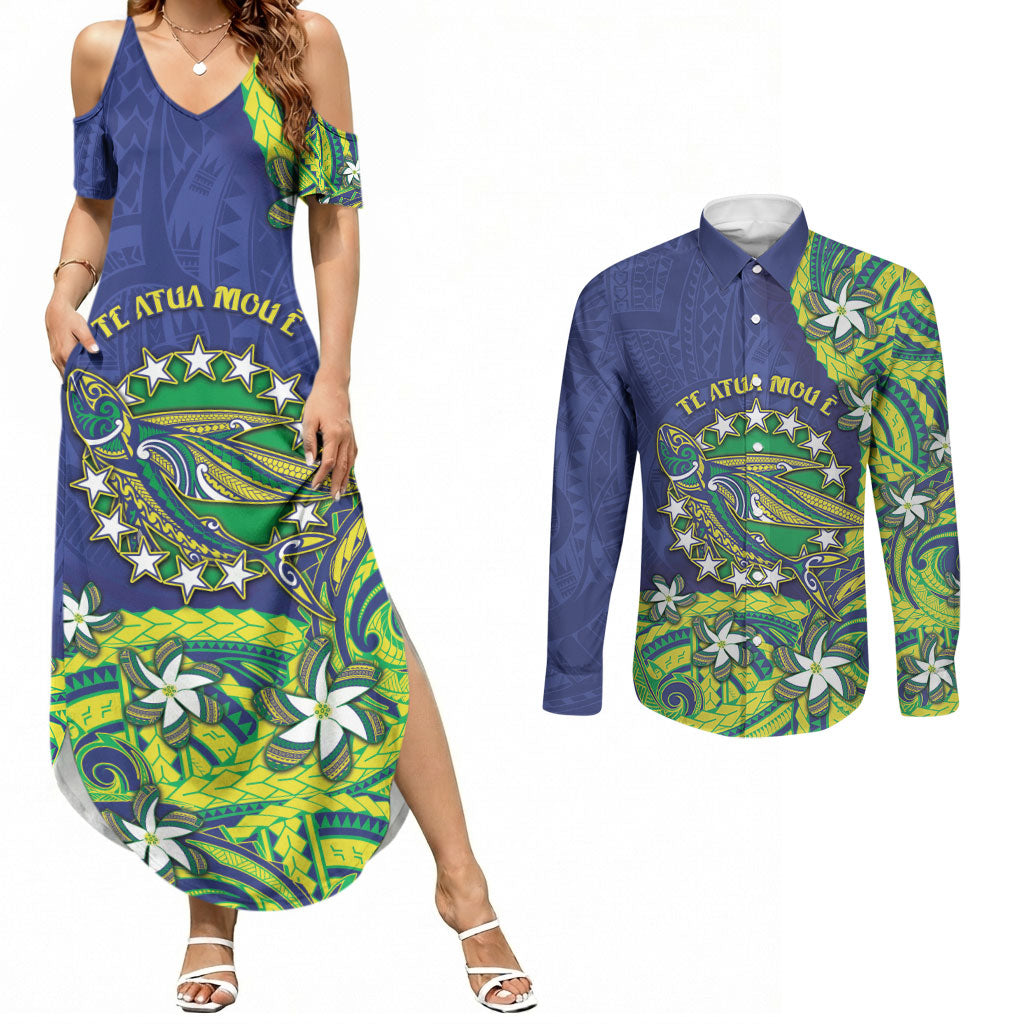 Cook Islands Language Week Couples Matching Summer Maxi Dress and Long Sleeve Button Shirt Flying Fish 15 Stars Tribal Patterns DT05 Green - Polynesian Pride