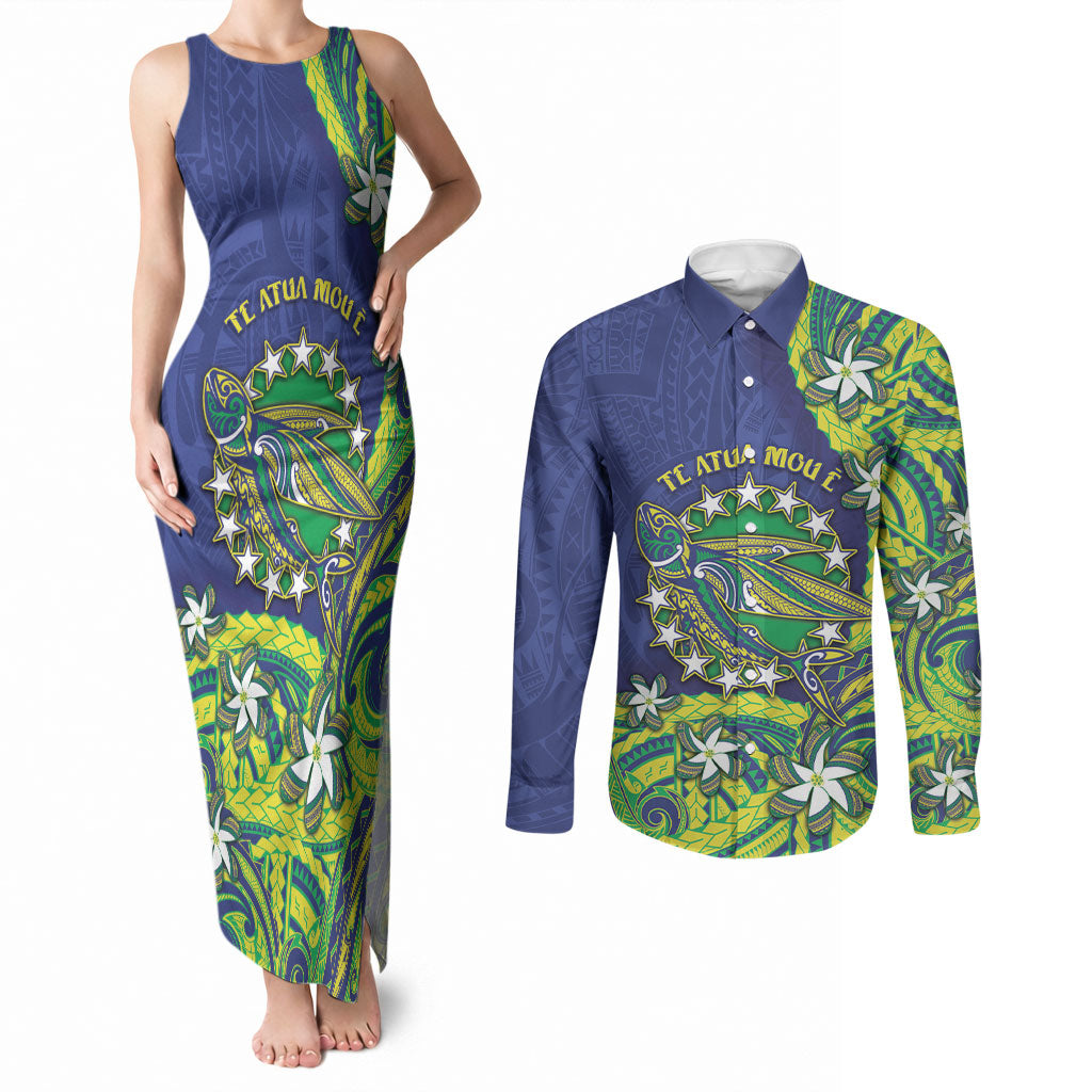 Cook Islands Language Week Couples Matching Tank Maxi Dress and Long Sleeve Button Shirt Flying Fish 15 Stars Tribal Patterns