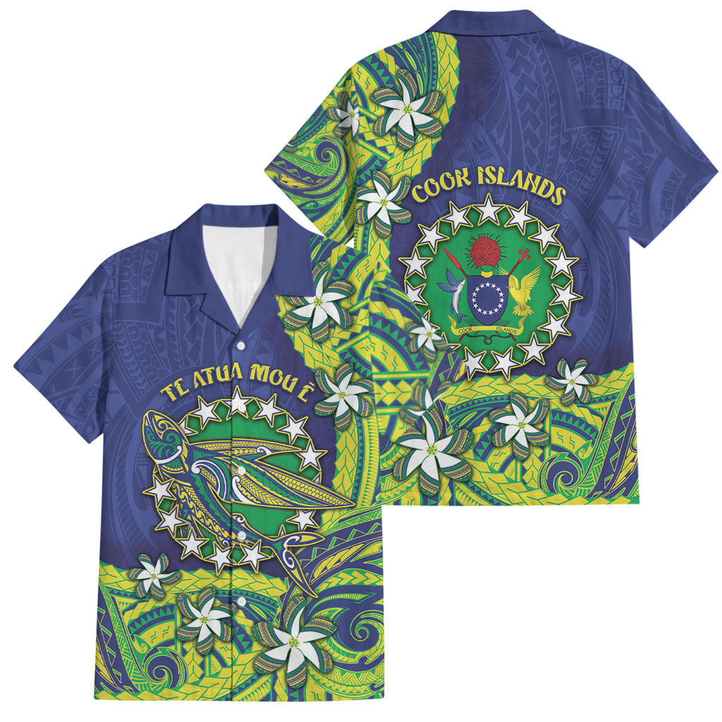 Cook Islands Language Week Family Matching Off The Shoulder Long Sleeve Dress and Hawaiian Shirt Flying Fish 15 Stars Tribal Patterns