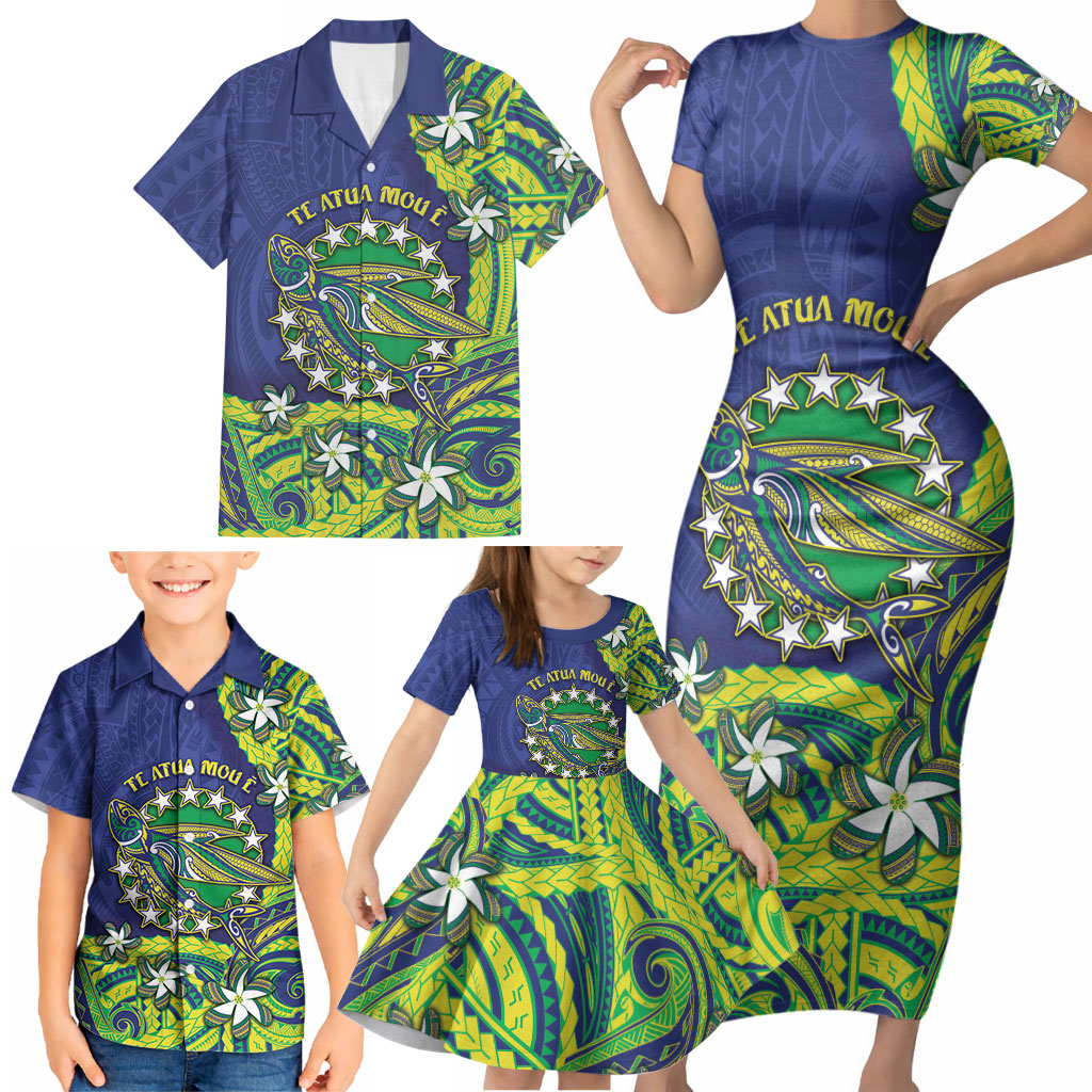 Cook Islands Language Week Family Matching Short Sleeve Bodycon Dress and Hawaiian Shirt Flying Fish 15 Stars Tribal Patterns