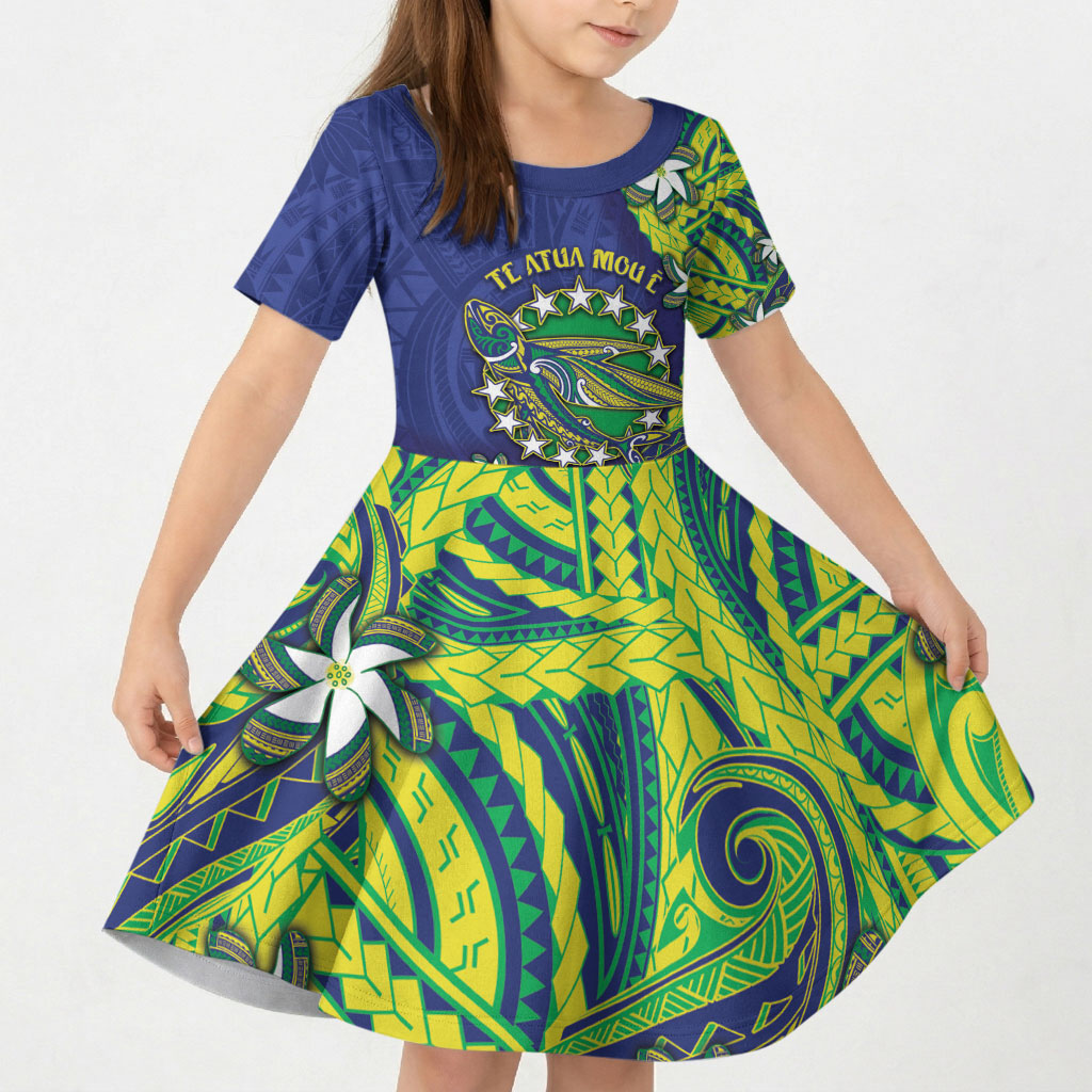 Cook Islands Language Week Kid Short Sleeve Dress Flying Fish 15 Stars Tribal Patterns DT05 KID Green - Polynesian Pride