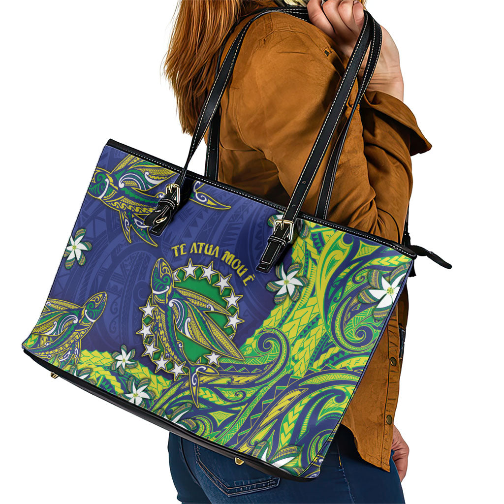 Cook Islands Language Week Leather Tote Bag Flying Fish 15 Stars Tribal Patterns