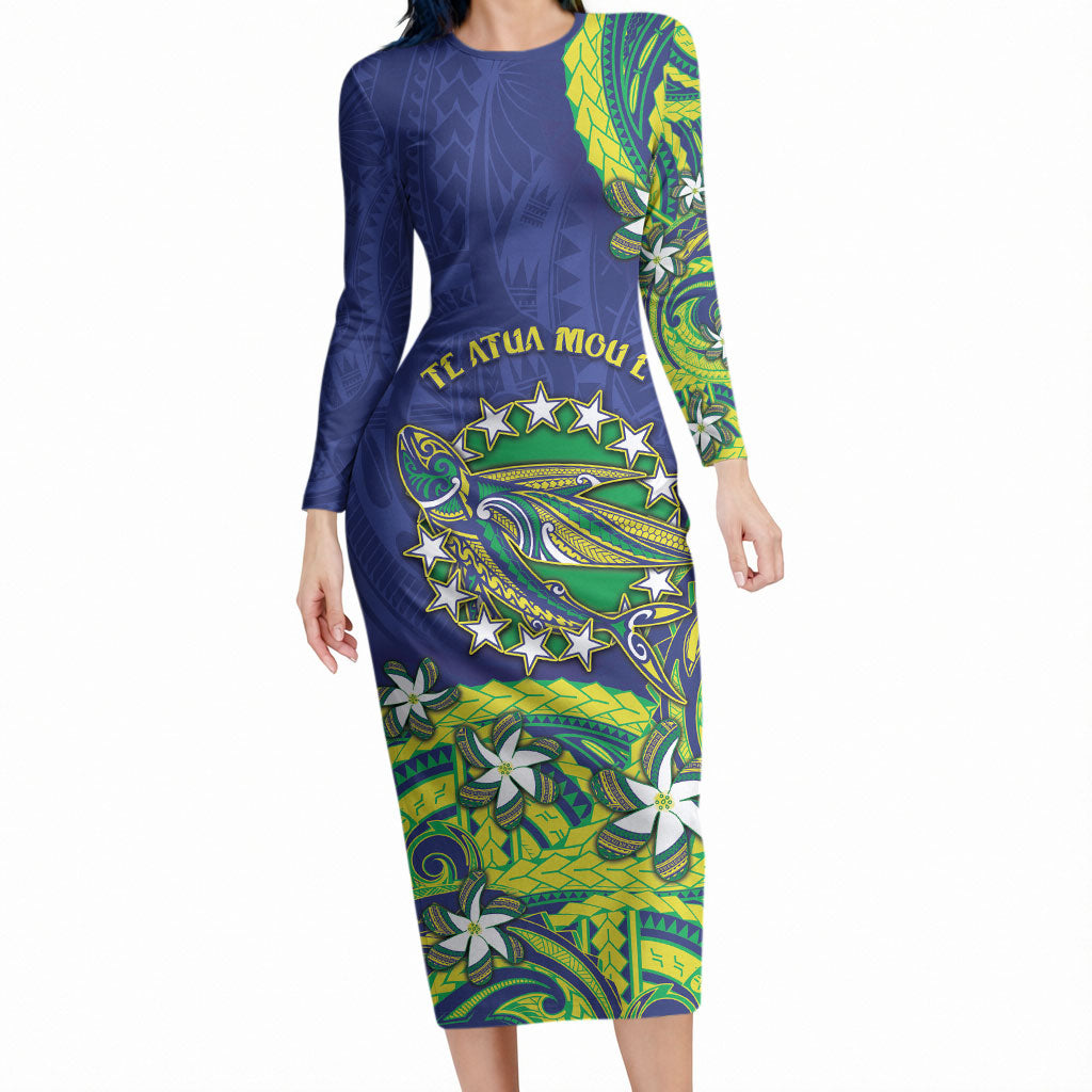 Cook Islands Language Week Long Sleeve Bodycon Dress Flying Fish 15 Stars Tribal Patterns DT05 Long Dress Green - Polynesian Pride