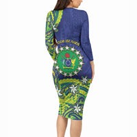 Cook Islands Language Week Long Sleeve Bodycon Dress Flying Fish 15 Stars Tribal Patterns