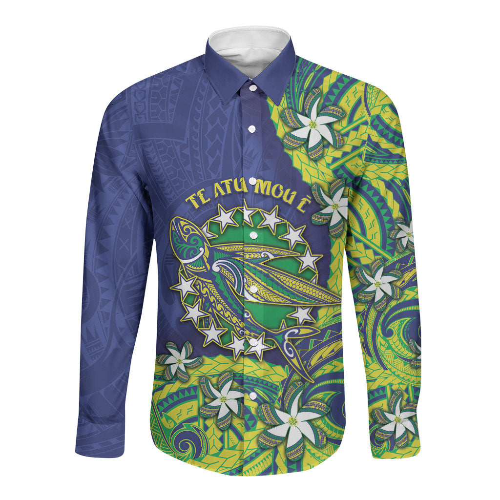 Cook Islands Language Week Long Sleeve Button Shirt Flying Fish 15 Stars Tribal Patterns