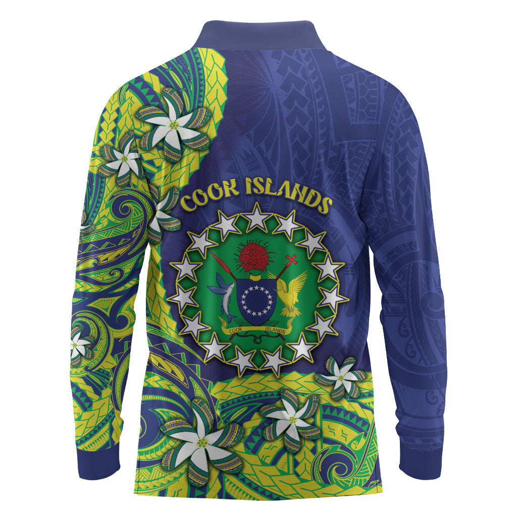 Cook Islands Language Week Long Sleeve Polo Shirt Flying Fish 15 Stars Tribal Patterns