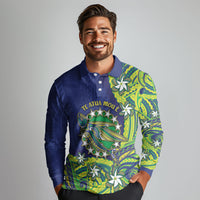 Cook Islands Language Week Long Sleeve Polo Shirt Flying Fish 15 Stars Tribal Patterns