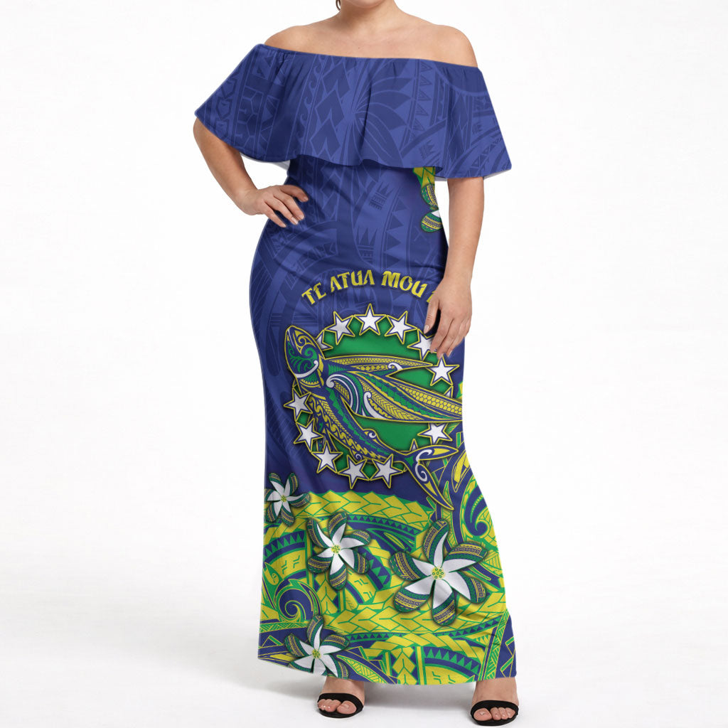 Cook Islands Language Week Off Shoulder Maxi Dress Flying Fish 15 Stars Tribal Patterns DT05 Women Green - Polynesian Pride