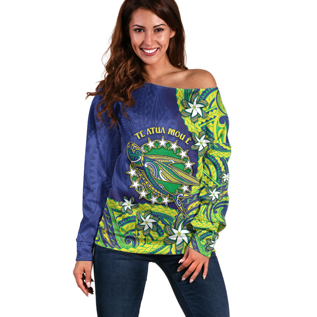 Cook Islands Language Week Off Shoulder Sweater Flying Fish 15 Stars Tribal Patterns DT05 Women Green - Polynesian Pride