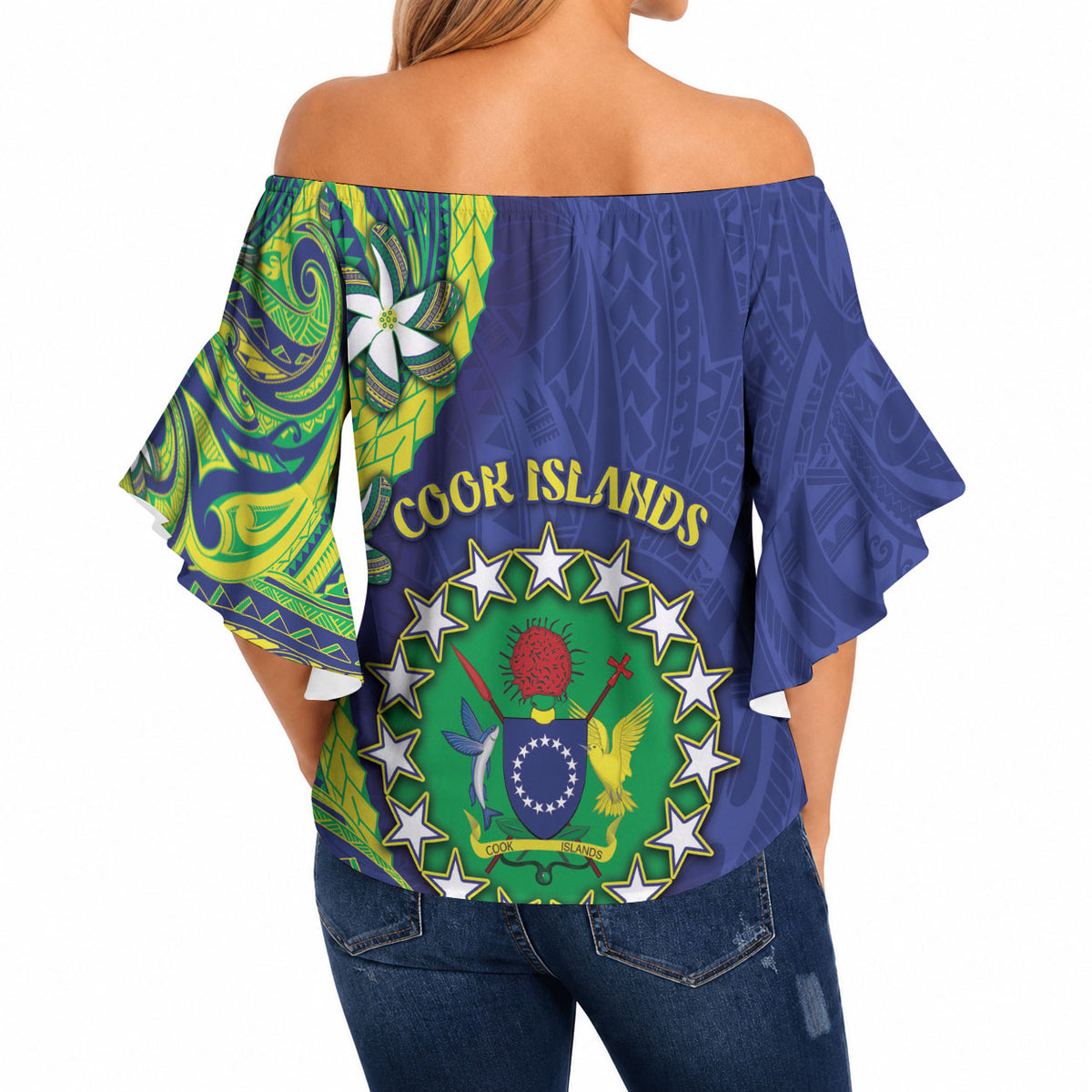 Cook Islands Language Week Off Shoulder Wrap Waist Top Flying Fish 15 Stars Tribal Patterns DT05 - Polynesian Pride