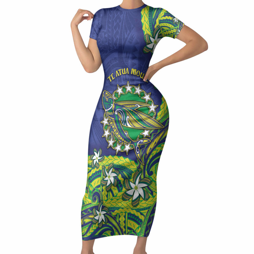 Cook Islands Language Week Short Sleeve Bodycon Dress Flying Fish 15 Stars Tribal Patterns DT05 Long Dress Green - Polynesian Pride
